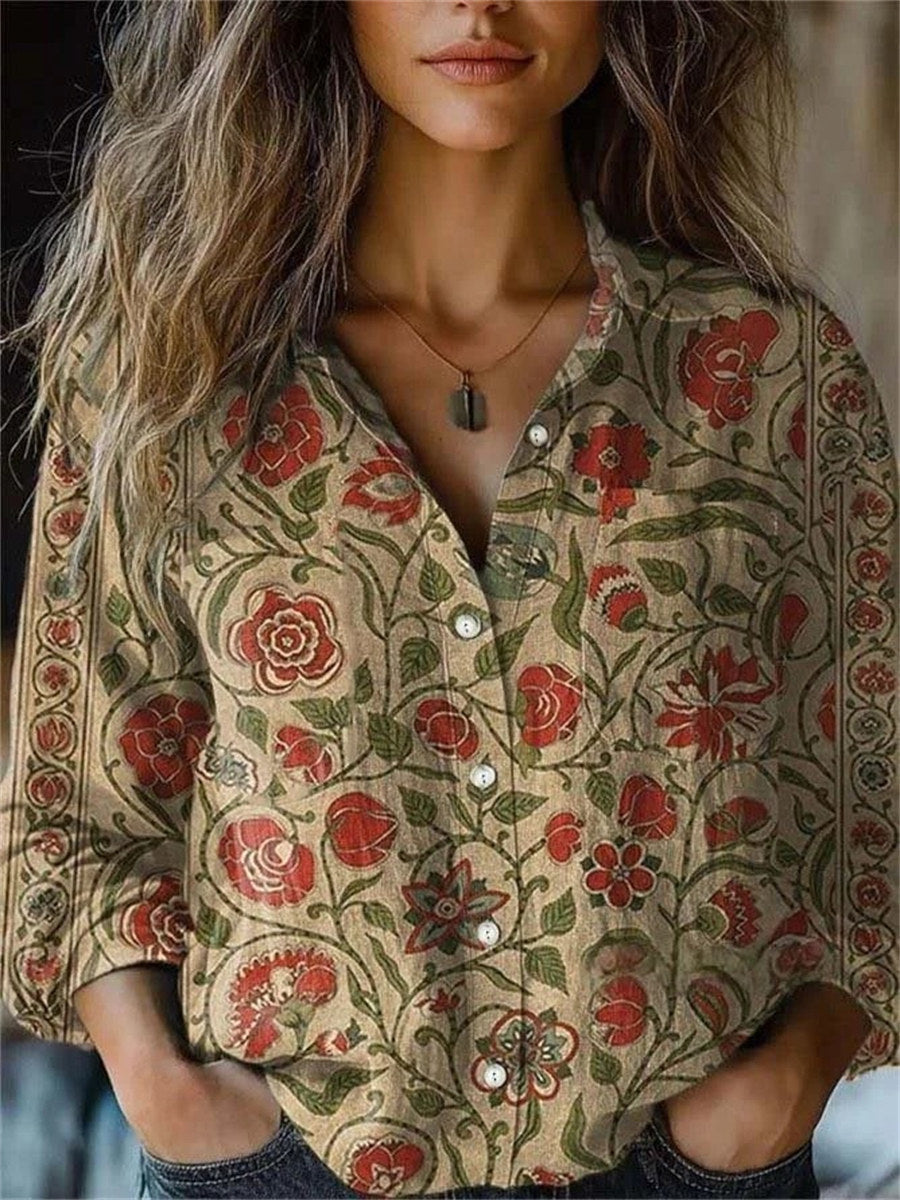 Ethnic Lapel Long Sleeve Casual Floral Printed Shirt