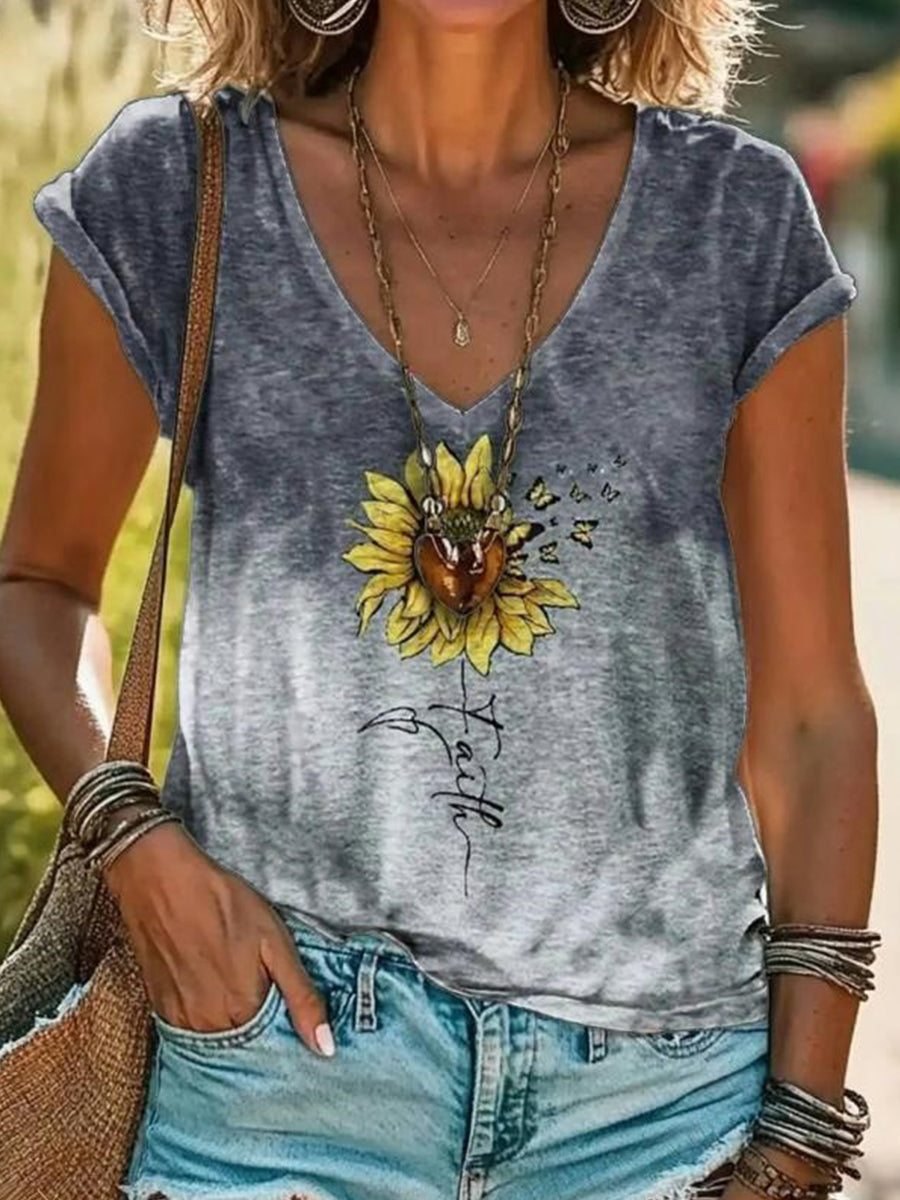 LilyWish Floral Print Gradient V-neck Short Sleeve T-Shirt