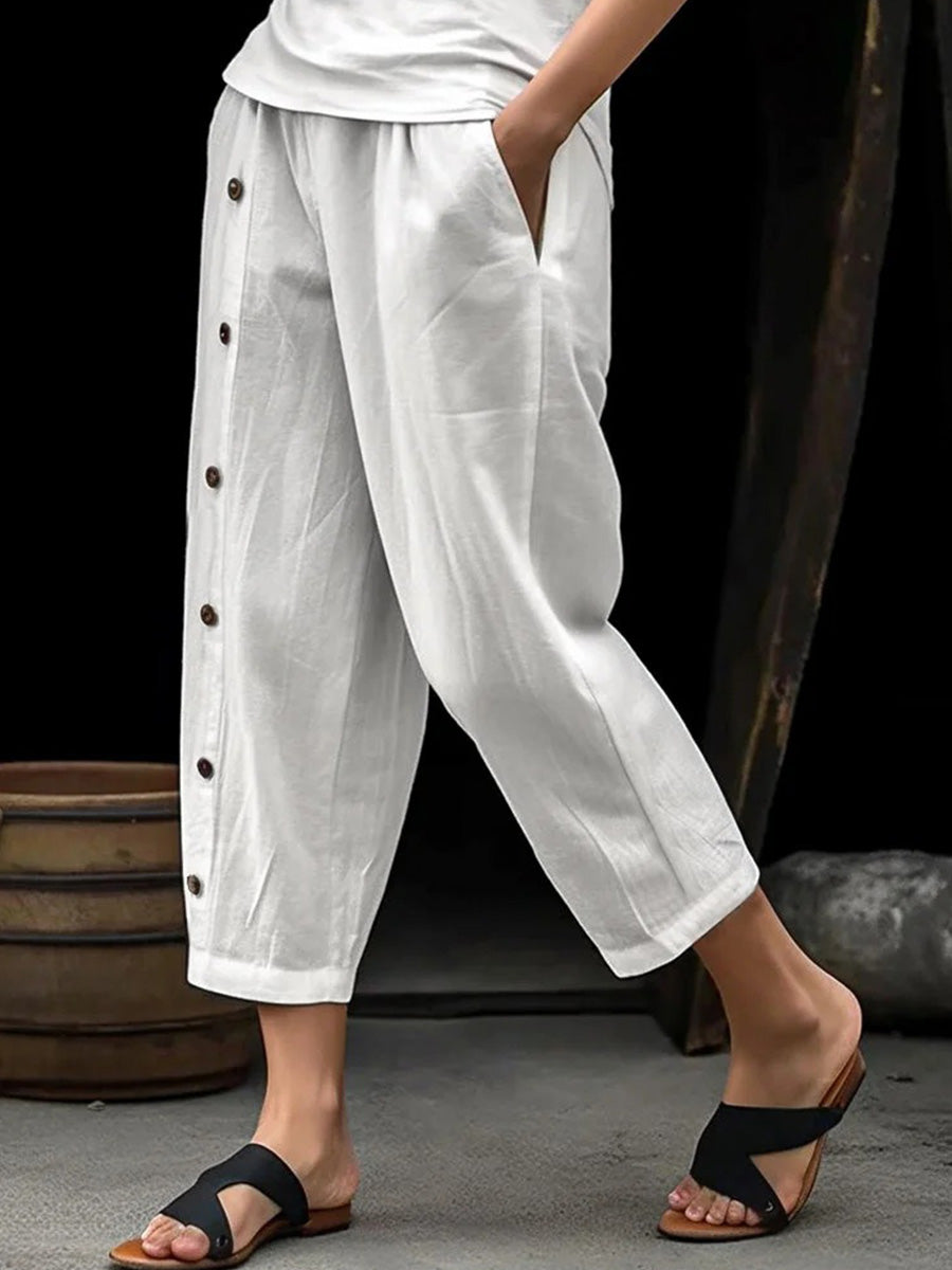 Button Design Cotton Linen Casual Pants