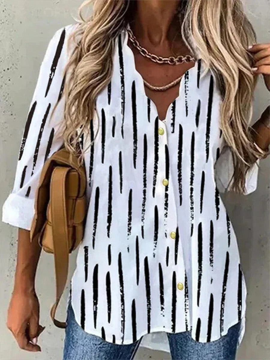 Women’s Casual V Neck Button Front Stripe Print Long Sleeve Blouse