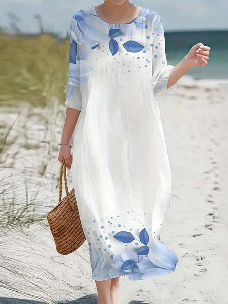 LilyWish Casual Round Neck 3/4 Sleeve Maxi Dress