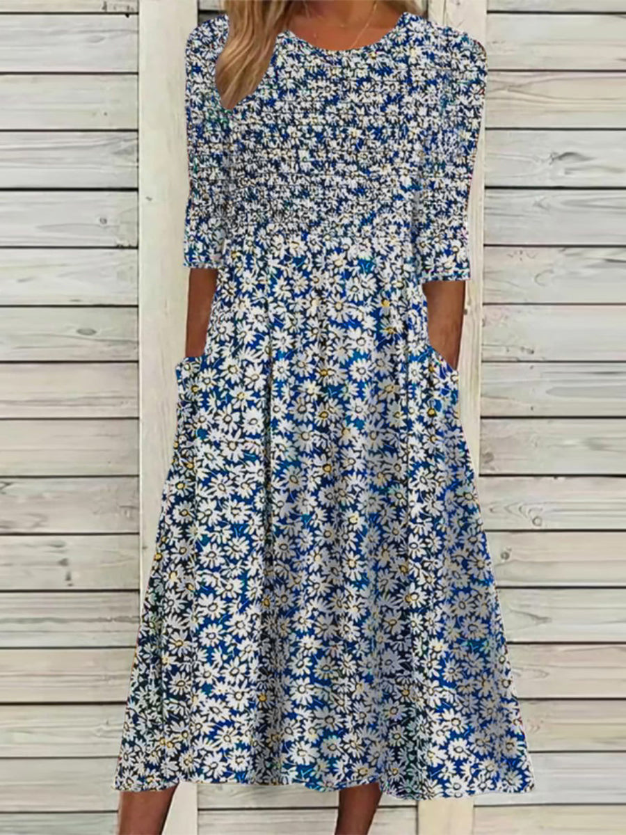 Casual Crew Neck Half Sleeve Smocked Floral Midi Dress