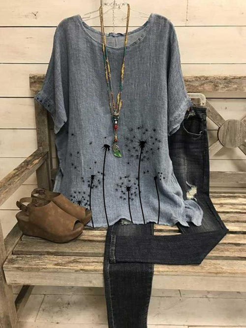 LilyWish Women's Dandelion Print Loose Short Sleeve Summer Top