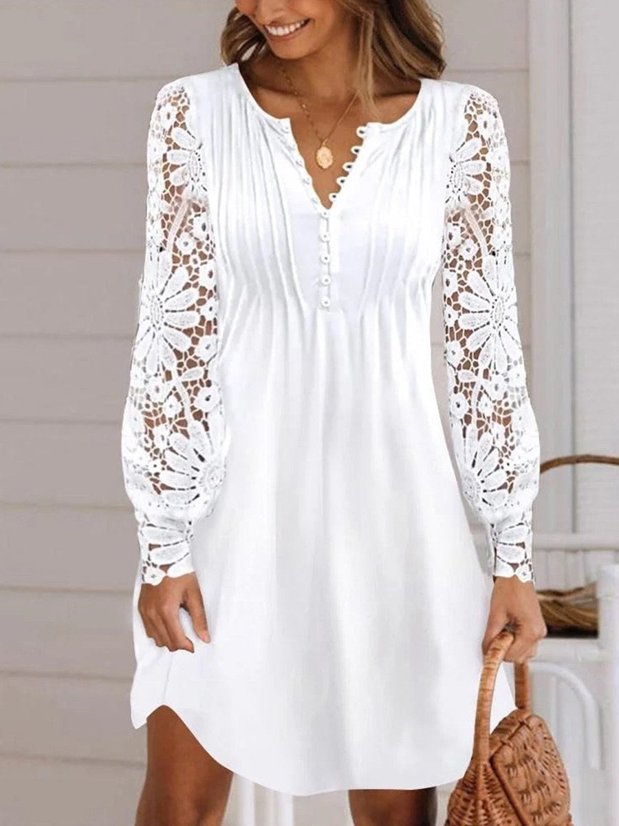 Casual Solid V Neck Long Sleeve Midi Dress