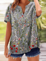 LilyWish Retro Grey Floral Print V-neck Short Sleeve Top