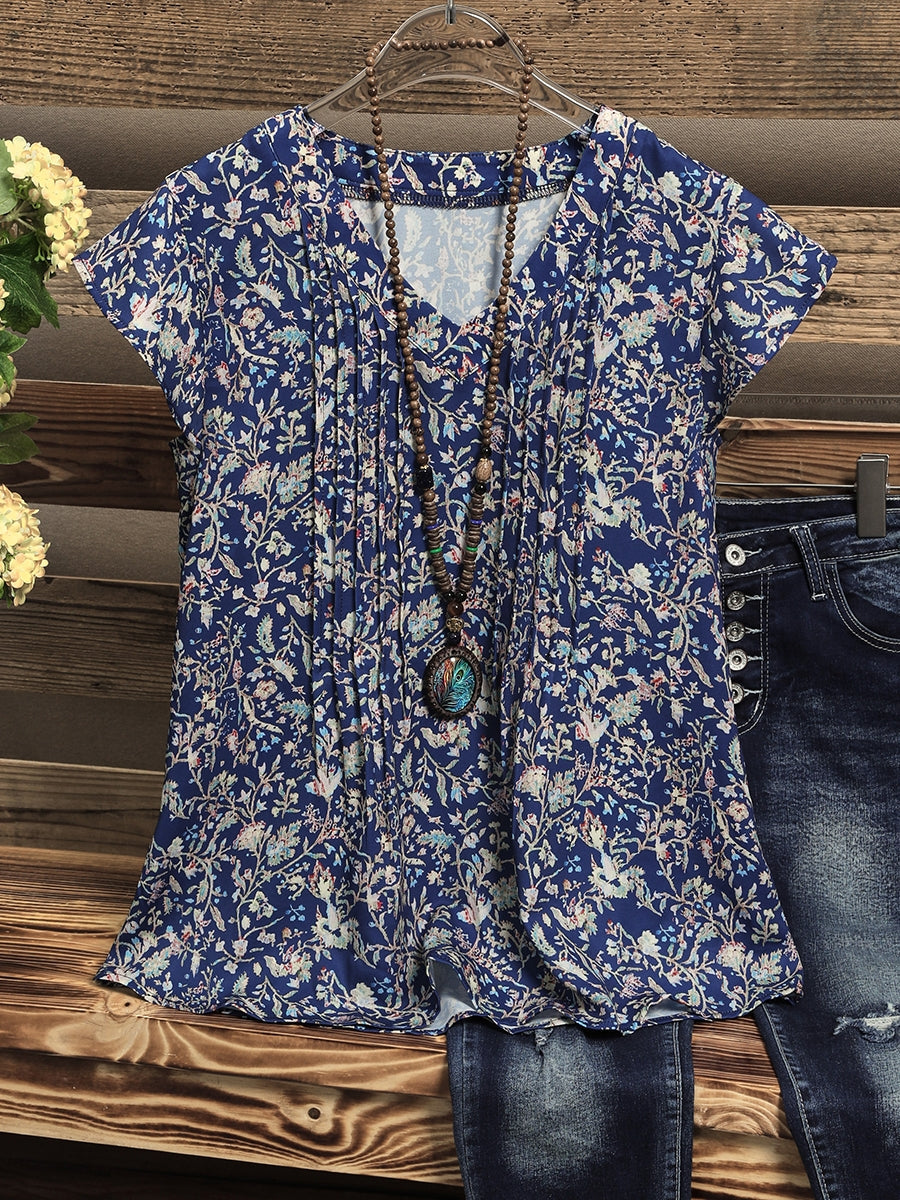 Multi Floral Print V-neck Casual Blouse