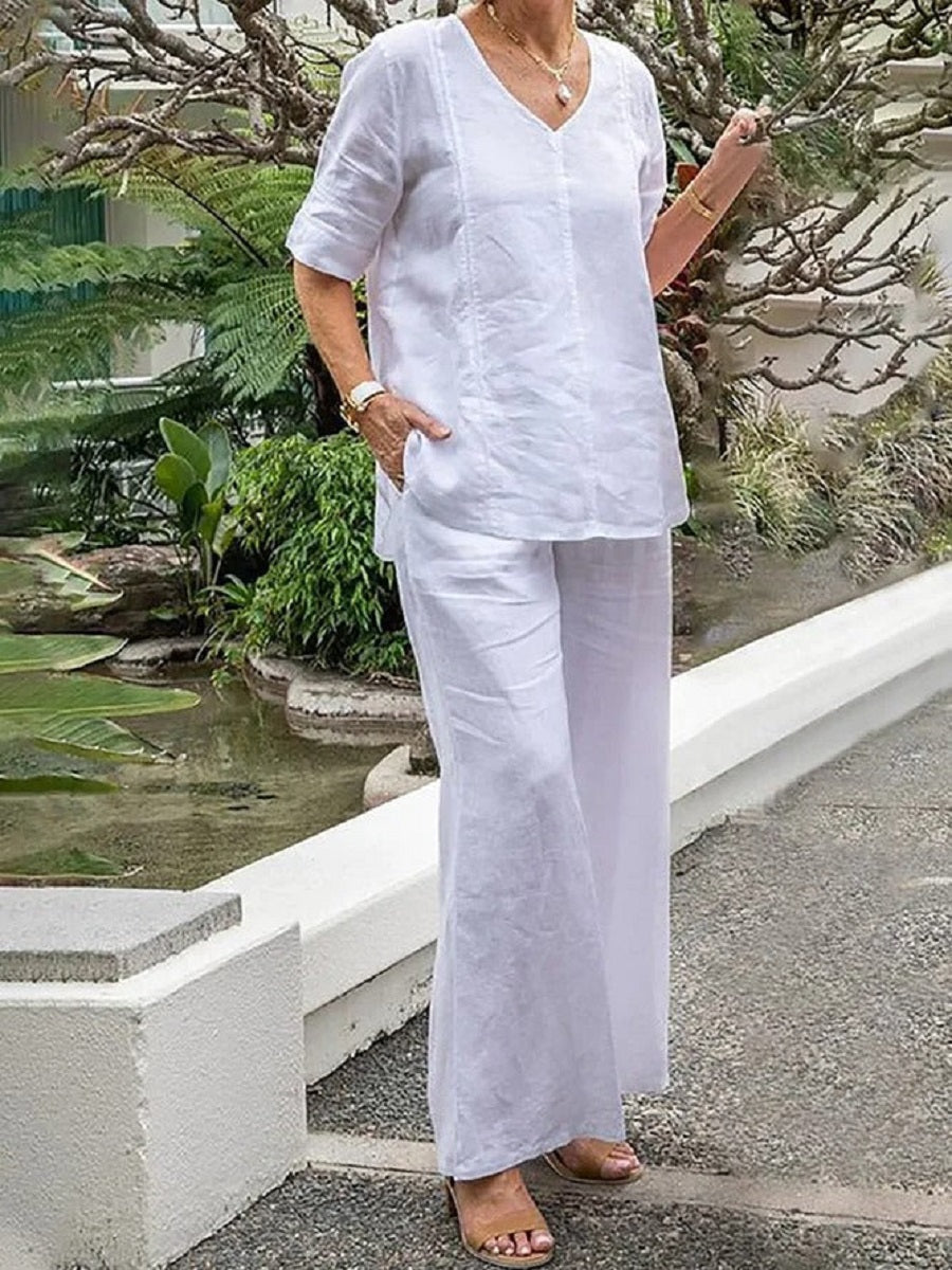 White Casual V Neck Solid Half Sleeve Two Piece Suit