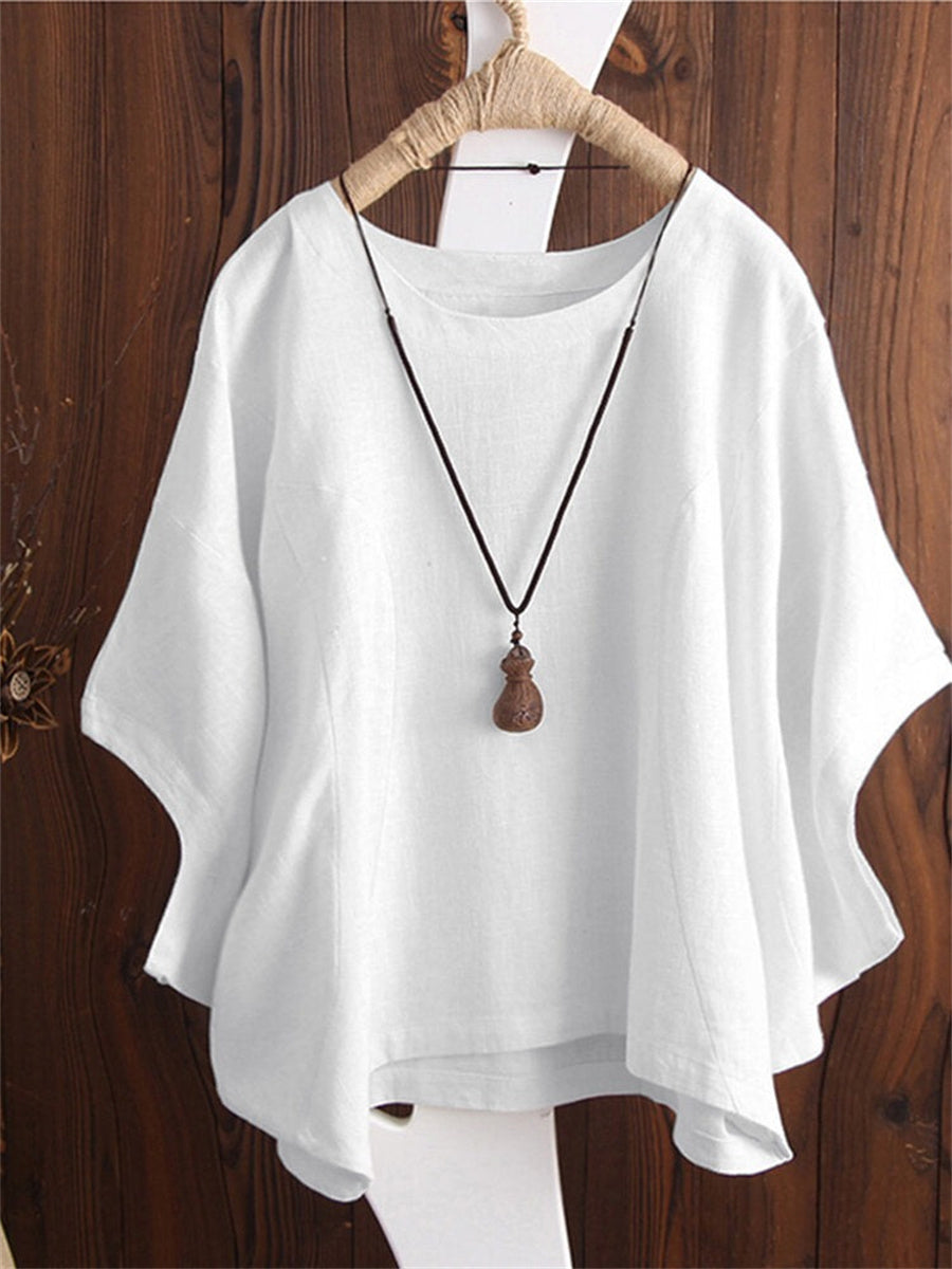 LilyWish White Crew Neck Dolman Sleeve Blouse