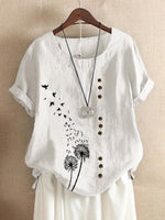 Dandelion Print Short Sleeve Button Blouse
