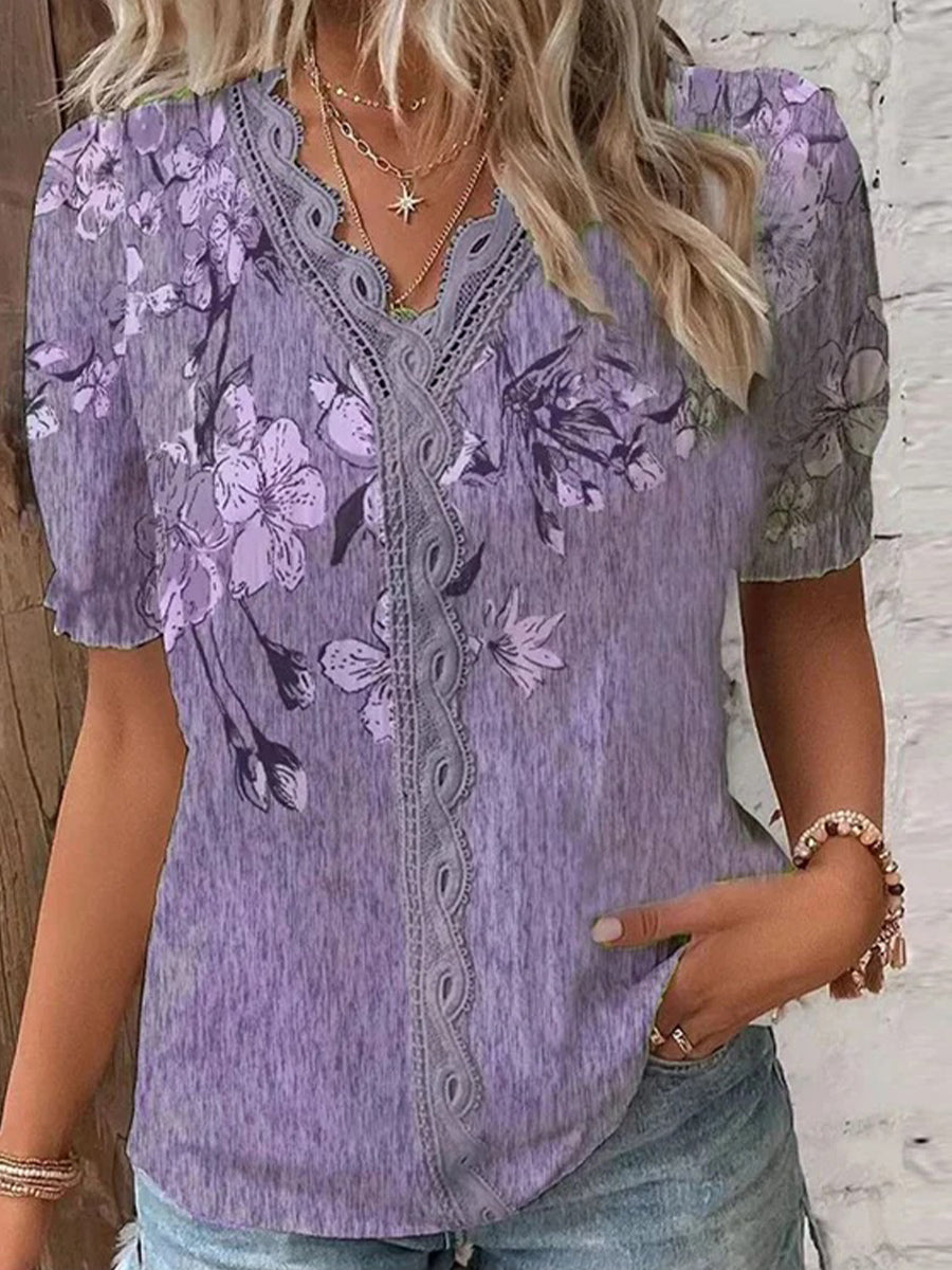 Women's Casual Printed V-neck Lace Stitching Short-sleeved T-shirt