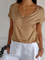 LilyWish Solid Short Sleeve Buttoned V Neck T-Shirt