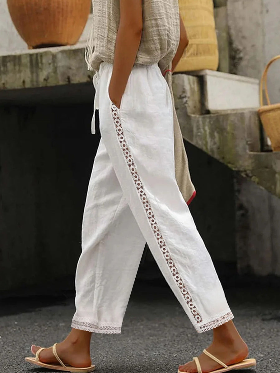 LilyWish Cotton & Linen Casual Plain Lace-Up Patchwork Lace Pants