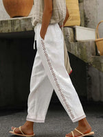 LilyWish Cotton & Linen Casual Plain Lace-Up Patchwork Lace Pants