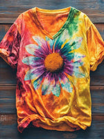 LilyWish Vintage Floral Print V-neck Short Sleeve T-Shirt