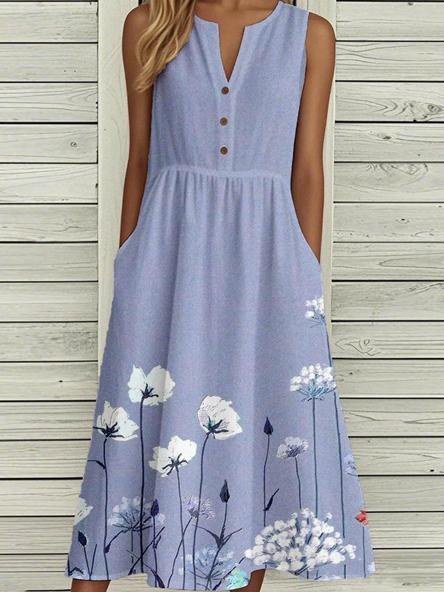 Blue Sleeveless V-Neck Midi Dress