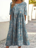 LilyWish Blue Vintage Floral Print Half Sleeve Dress