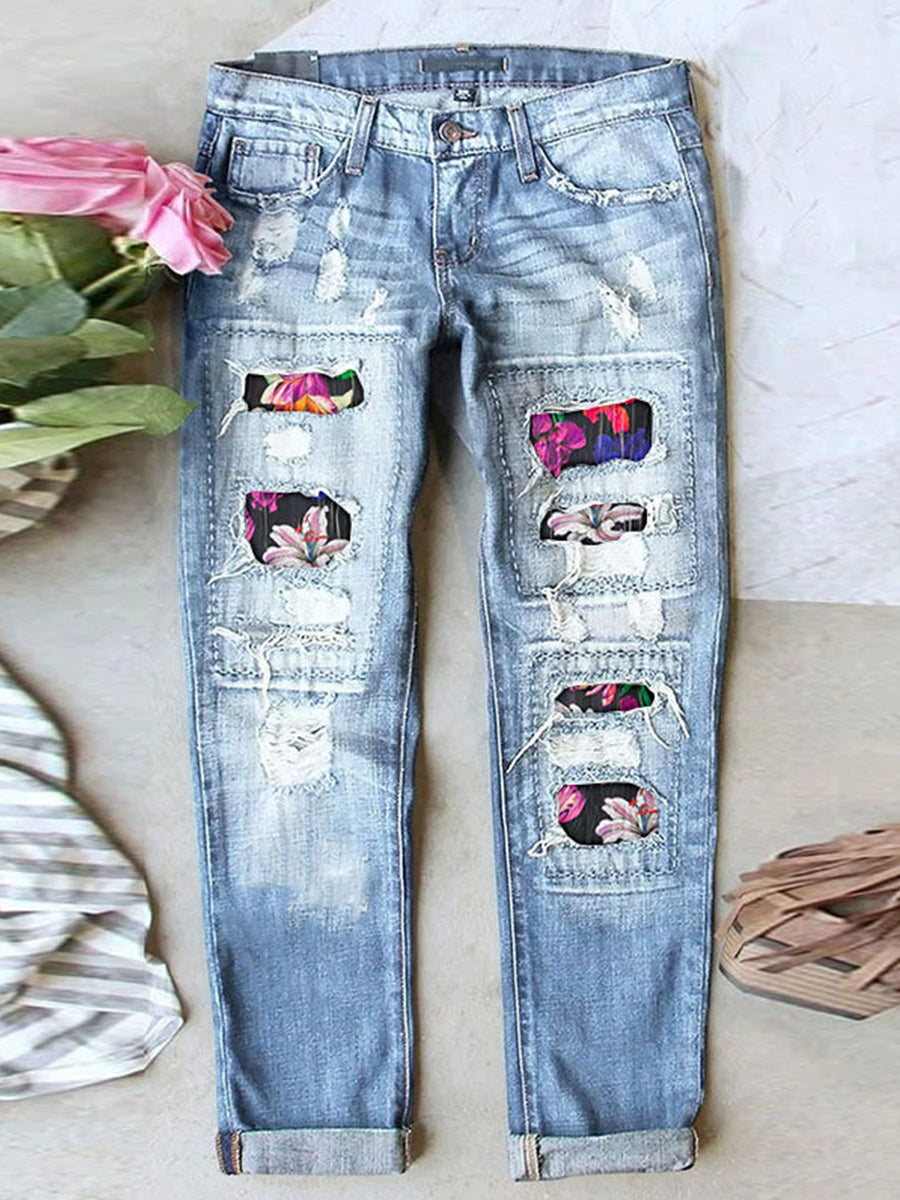 Stretch Ripped Frayed Raw Hem Distressed Jeans