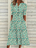 Cyan Casual V Neck Floral Printed Half Sleeve Dress