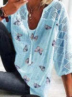 LilyWish Women's Loose Fit Butterfly Print Mesh Sleeve Top