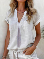 LilyWish Casual Solid Colour V-neck Short Sleeve White Blouse