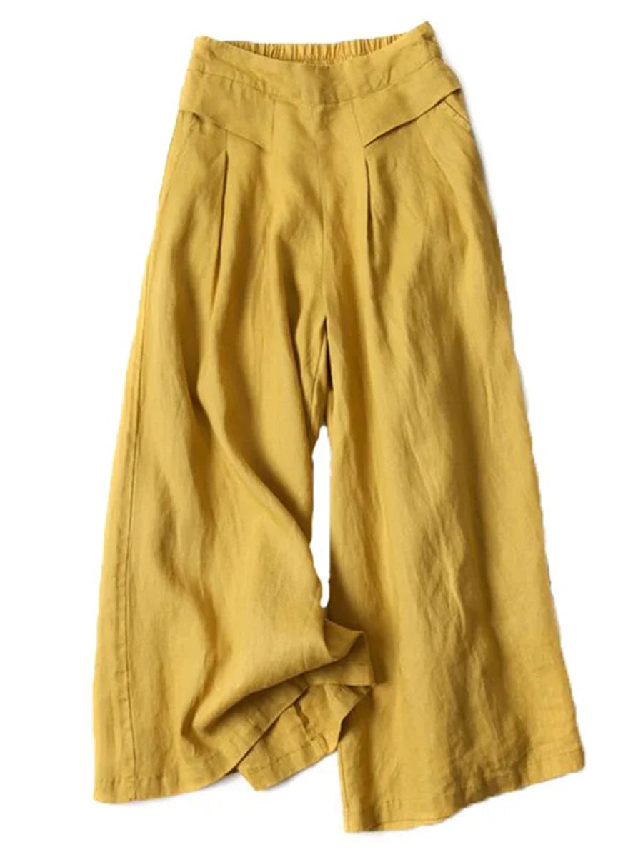 LilyWish Solid Color Ramie Cotton Plus Size Loose Ninth Wide-Leg Pants
