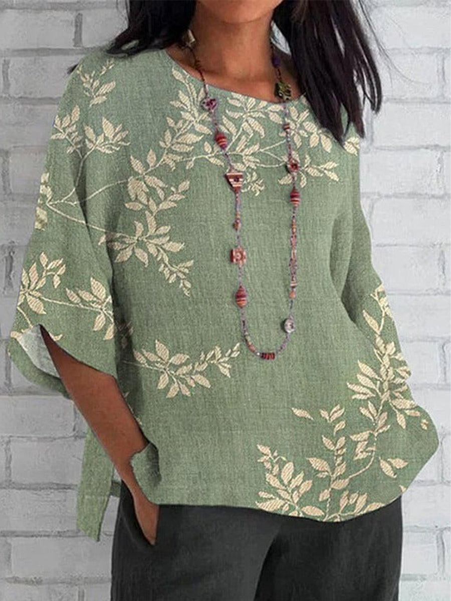 Casual Leaf Print Crew Neck 3/4 Sleeves Blouse