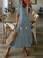 LilyWish Geometric Half Sleeve V Neck Tassel Casual Maxi Dress