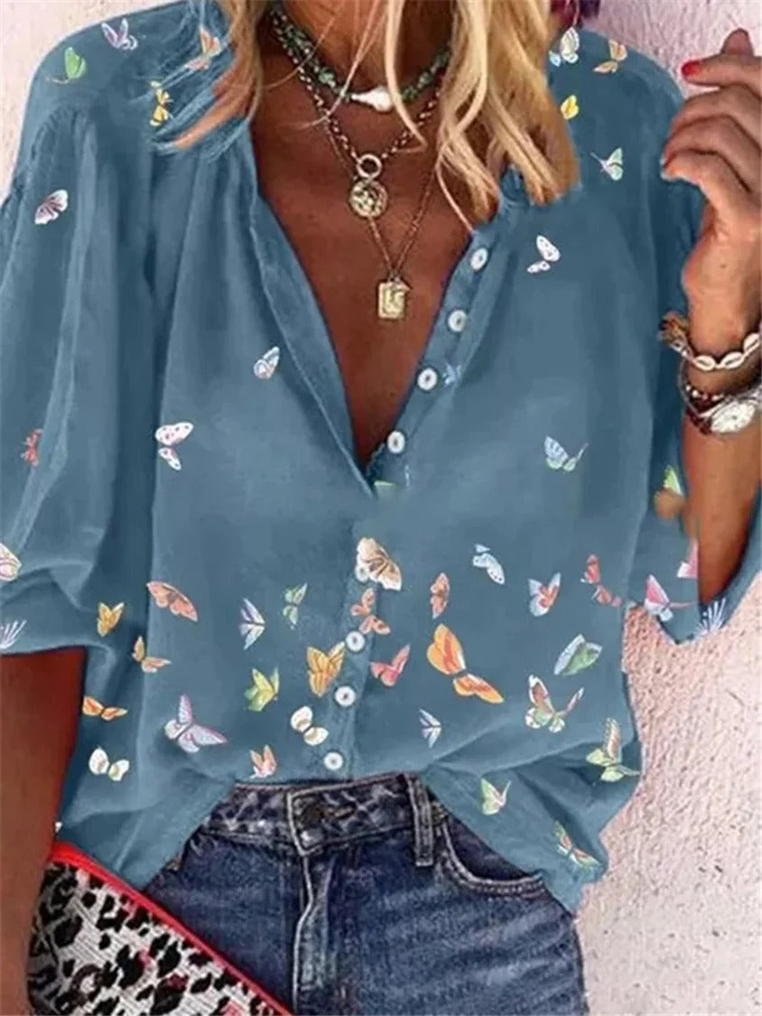 LilyWish Peacock Casual V Neck Butterfly Printed Long Sleeve Blouse