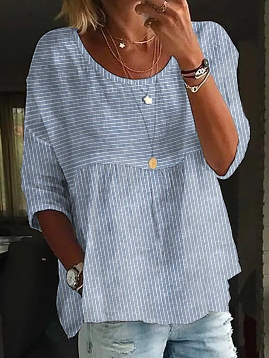LilyWish Cotton & Linen Casual Striped Crew Neck Shirt