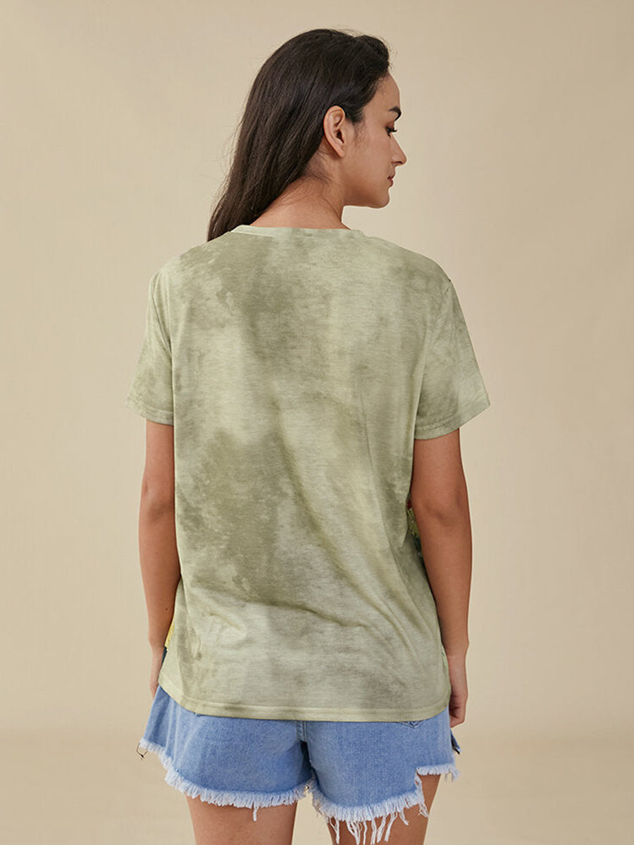 Butterfly Print Crew Neck Short Sleeve Green T-shirt