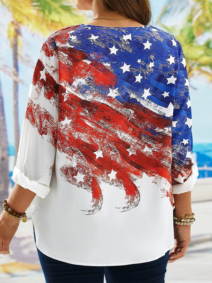 LilyWish Independence Day America Flag Casual Long Sleeve Blouse
