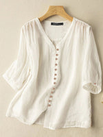 Women Solid V-Neck Button Front Cotton 3/4 Sleeve Shirt