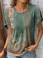 LilyWish Green Casual Round Neck Floral Printed Short Sleeve Blouse