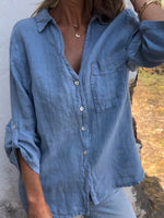 Cotton and Linen 3/4 Sleeve Solid Lapel Shirt