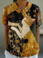 LilyWish Vintage Cat Print Short Sleeve Blouse