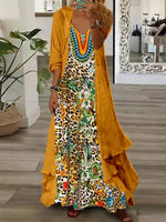 Women's Long Sleeve V-neck Graphic Printed Two Pieces Maxi Dress