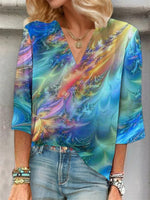 Abstract Gradient V-neck 3/4 Sleeve Loose Blouse