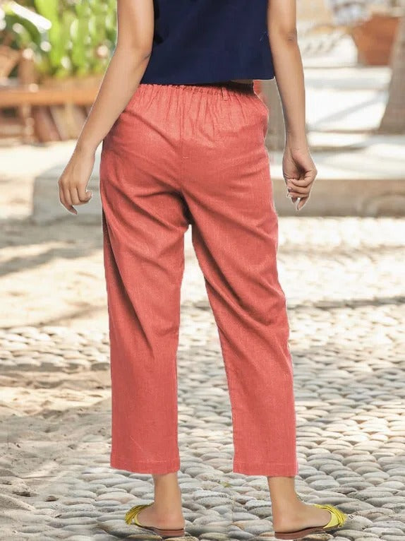 LilyWish Elastic Waist Casual Brick Red Solid Cotton Linen Pants