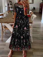 Embroidery Patterns Crew Neck Short Sleeve Comfy Casual Midi Dress