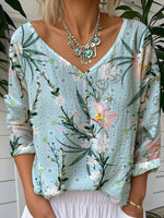 LilyWish Blue V-Neck Floral Print Long Sleeve Top