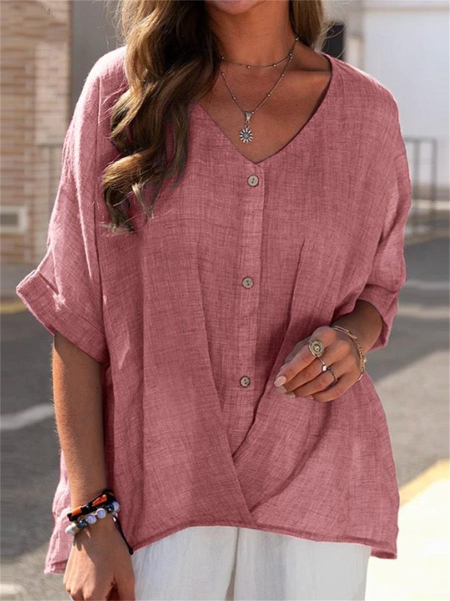 Coral Casual V Neck Soild Half Sleeve Blouse