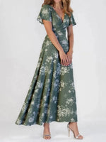 Fresh Floral Print V-neck Short Sleeve Green Maxi Dress