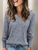 Plain V-neck Long Sleeve Casual T-shirt