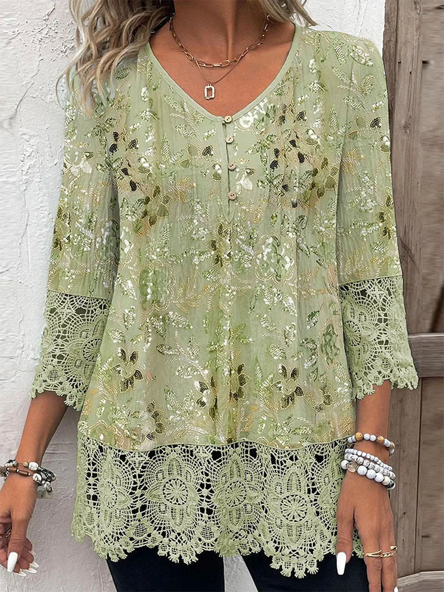 LilyWish Green Chic 3/4 Sleeve Floral Lace V Neck Blouse