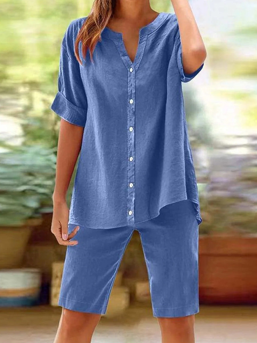 Chic Blue Plain Short Sleeve Two Piece Set