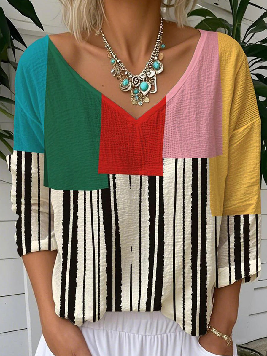 LilyWish V-Neck Color Block Print Long Sleeve Top