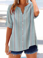 LilyWish Blue Striped V-neck Short Sleeve Top