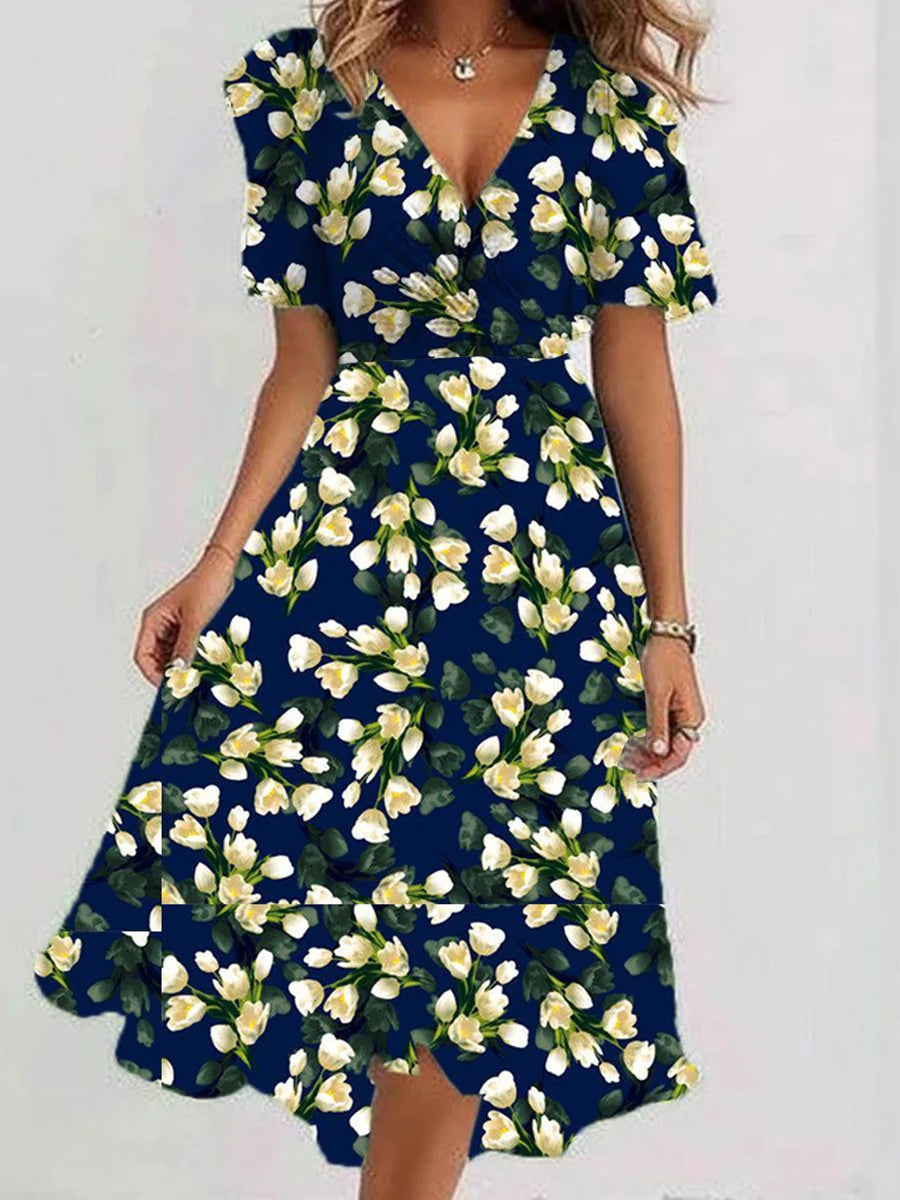 LilyWish Vintage V-Neck Floral Print Short Sleeve Midi Dress