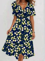 LilyWish Vintage V-Neck Floral Print Short Sleeve Midi Dress