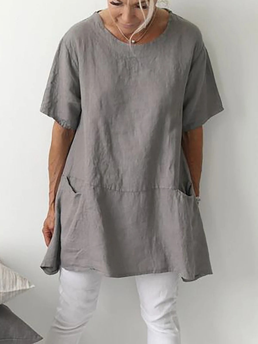 LilyWish Solid Short Sleeve Crew Neck Pockets Shirt